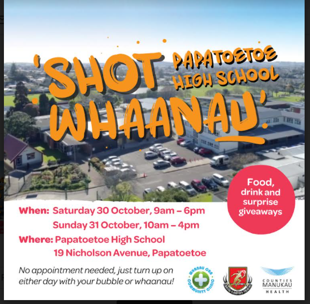 ‘SHOT’ PAPATOETOE HIGH SCHOOL WHANAU  – Drive through Vaccination Days