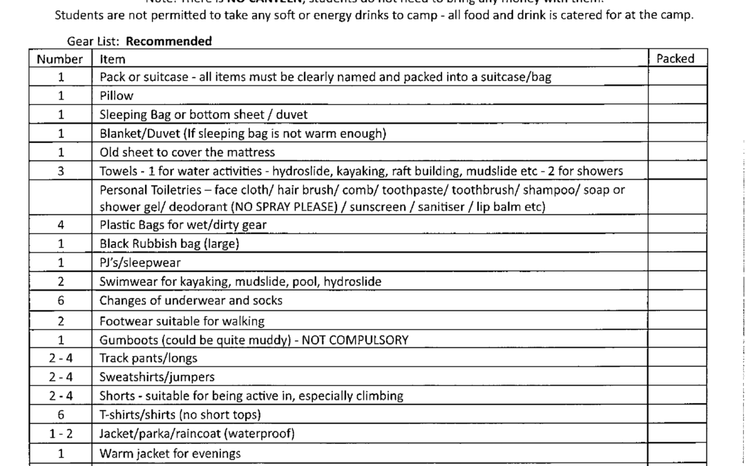 2026 Camp Gear List